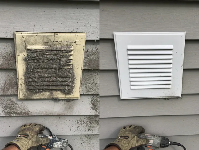 Griswold Dryer Vent Cleaning technician installing high-quality dryer vent cover at a residential property in Griswold