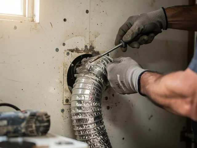 Griswold Dryer Vent Cleaning technician performing precise dryer vent hose installation in Griswold
